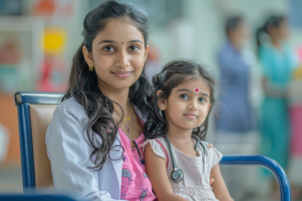 Healthcare worker with a young child, representing compassionate medical care