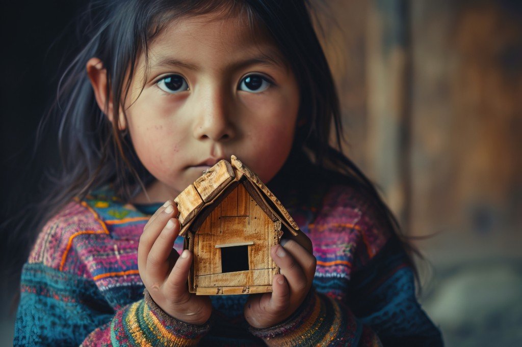 Child holding a model house to represent shelter and safety