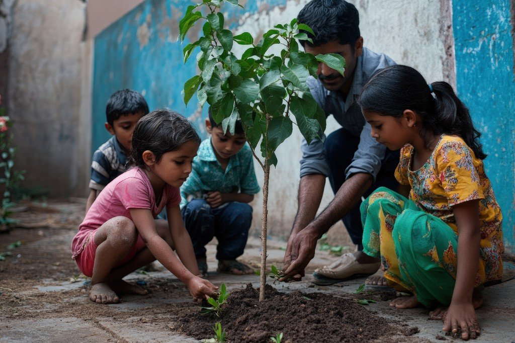 Volunteers and children planting trees together