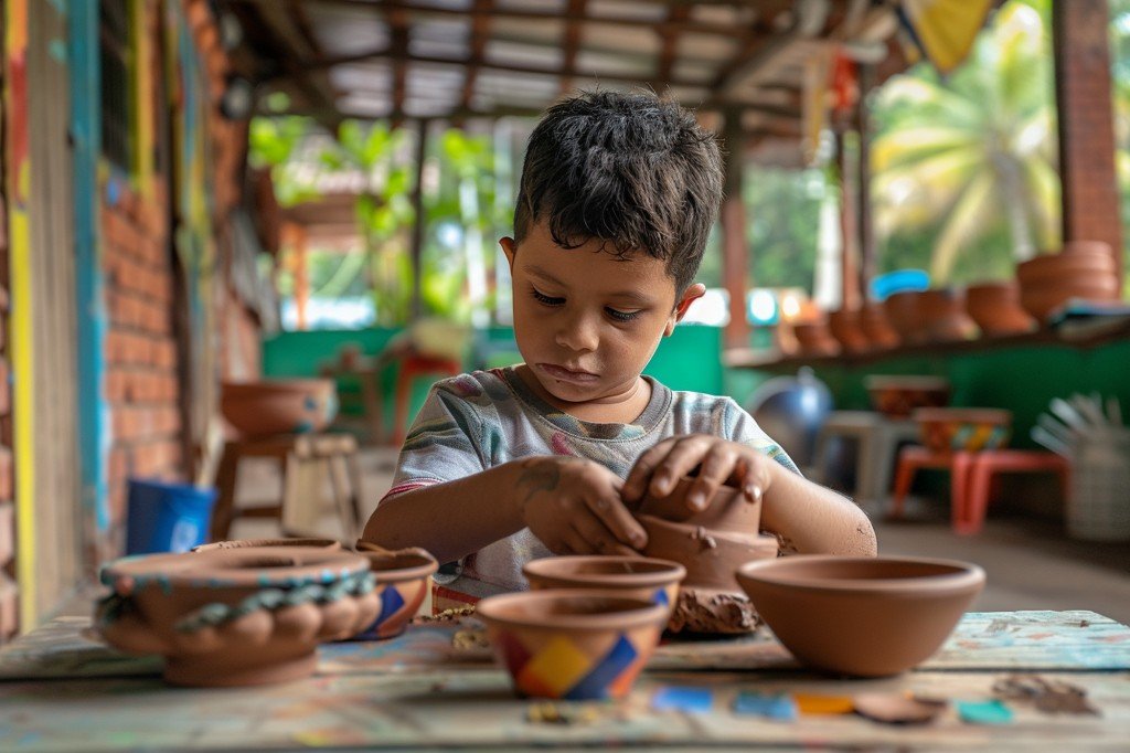 Child learning skills through a creative workshop